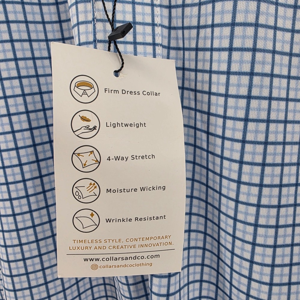 Collars & Co Mens Dress Collar Polo Shirt Blue White Check Grid Large NWT - Picture 8 of 8